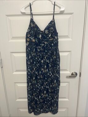 Floral Pleated Midi Slip Dress in Navy